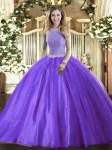 Romantic Lavender Sleeveless Tulle Lace Up Quinceanera Dress for Military Ball and Sweet 16 and Quinceanera