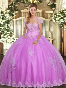 Designer Lilac Sleeveless Floor Length Appliques Lace Up Quinceanera Gowns