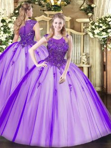 Floor Length Purple Quinceanera Gowns Tulle Sleeveless Beading