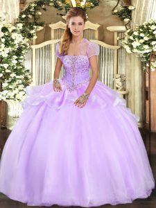 Fancy Lavender Organza Lace Up Quinceanera Gown Sleeveless Floor Length Appliques