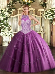 Fuchsia Vestidos de Quinceanera Military Ball and Sweet 16 and Quinceanera with Beading and Appliques Halter Top Sleeveless Lace Up