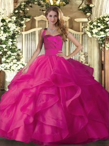 Fabulous Hot Pink Halter Top Lace Up Ruffles Ball Gown Prom Dress Sleeveless