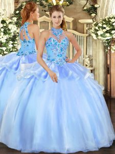 Clearance Embroidery Sweet 16 Dress Baby Blue Lace Up Sleeveless Floor Length