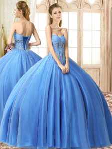 Tulle Sweetheart Sleeveless Lace Up Beading Vestidos de Quinceanera in Baby Blue