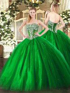 Green Lace Up Quince Ball Gowns Beading Sleeveless Floor Length