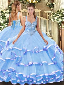 Elegant Blue Ball Gowns Beading and Ruffled Layers Sweet 16 Dresses Lace Up Organza Sleeveless Floor Length