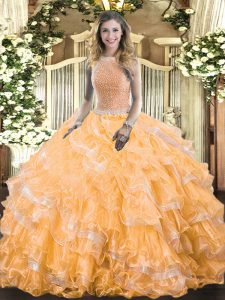 High-neck Sleeveless Organza Quince Ball Gowns Beading and Ruffled Layers Lace Up