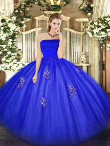 Traditional Blue Ball Gowns Tulle Strapless Sleeveless Appliques Floor Length Zipper 15 Quinceanera Dress