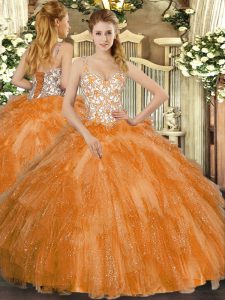 Orange Straps Lace Up Beading and Ruffles Sweet 16 Dresses Sleeveless