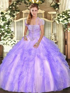 Dazzling Ball Gowns Quince Ball Gowns Lavender Strapless Tulle Sleeveless Floor Length Lace Up