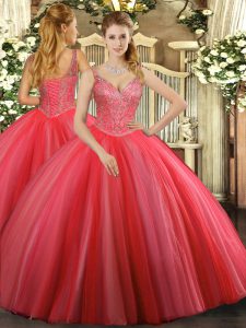 High Quality Sleeveless Tulle Floor Length Lace Up Ball Gown Prom Dress in Coral Red with Beading