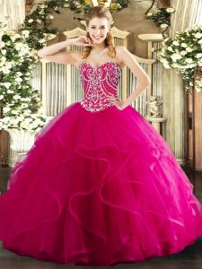 Flare Hot Pink 15th Birthday Dress Military Ball and Sweet 16 and Quinceanera with Beading and Ruffles Sweetheart Sleeveless Lace Up
