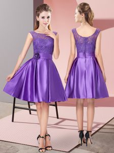 Satin Bateau Sleeveless Zipper Lace and Hand Made Flower Prom Gown in Purple
