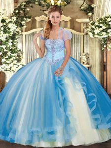 Tulle Sleeveless Floor Length Ball Gown Prom Dress and Appliques and Ruffles