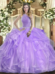 Nice High-neck Sleeveless Quinceanera Gown Floor Length Beading and Ruffles Lavender Organza