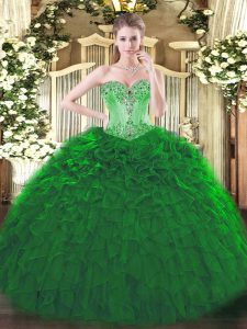 Floor Length Lace Up 15th Birthday Dress Dark Green for Sweet 16 and Quinceanera with Beading and Ruffles