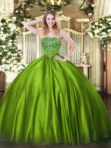 Olive Green Sleeveless Floor Length Beading Lace Up Quinceanera Gowns