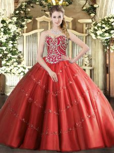 Red Tulle Lace Up Quinceanera Gown Sleeveless Floor Length Beading and Appliques