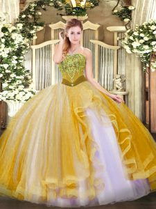 Graceful Gold Tulle Lace Up Strapless Sleeveless Floor Length Sweet 16 Dresses Beading and Ruffles