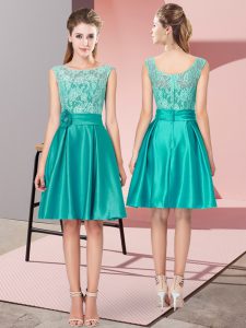 Low Price Turquoise A-line Lace and Hand Made Flower Prom Dresses Zipper Satin Sleeveless Mini Length