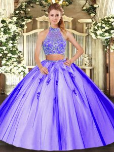 Sleeveless Tulle Floor Length Criss Cross Sweet 16 Quinceanera Dress in Lavender with Beading