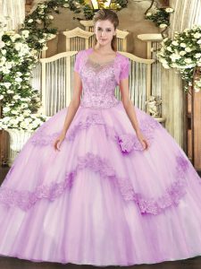 Floor Length Clasp Handle Ball Gown Prom Dress Lilac for Military Ball and Sweet 16 with Beading and Appliques