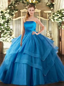 Baby Blue Lace Up Strapless Ruffled Layers Quinceanera Gowns Tulle Sleeveless