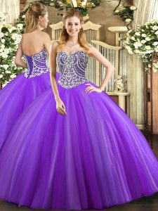 Fashion Ball Gowns Quinceanera Dresses Lavender Sweetheart Tulle Sleeveless Floor Length Lace Up