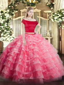 Short Sleeves Tulle Floor Length Zipper Sweet 16 Dresses in Watermelon Red with Appliques and Ruffled Layers