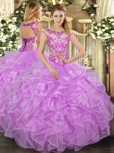 Elegant Ball Gowns Sweet 16 Dresses Lilac Scoop Organza Cap Sleeves Floor Length Lace Up