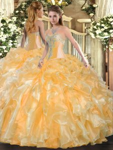 Gold Lace Up Sweetheart Beading and Ruffles Quinceanera Dress Organza Sleeveless