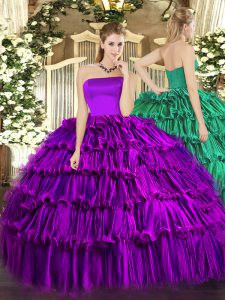 Perfect Purple Organza Zipper Strapless Sleeveless Floor Length Ball Gown Prom Dress Ruffled Layers