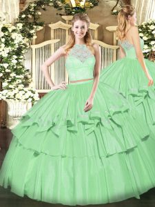 Floor Length Apple Green Quinceanera Gowns Organza Sleeveless Lace and Ruffled Layers