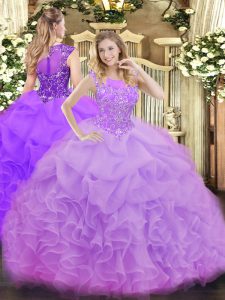 Sleeveless Organza Floor Length Zipper Quinceanera Dresses in Lavender with Beading and Ruffles and Pick Ups