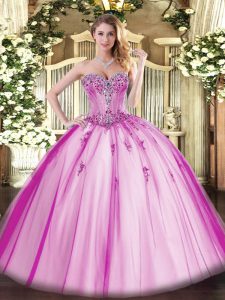 Floor Length Lace Up Quinceanera Dress Fuchsia for Sweet 16 and Quinceanera with Beading and Appliques