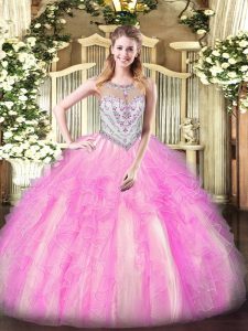 Tulle Scoop Sleeveless Zipper Beading and Ruffles Sweet 16 Quinceanera Dress in Lilac