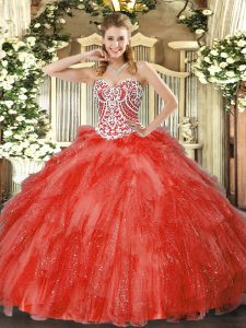 Sleeveless Tulle Floor Length Side Zipper Ball Gown Prom Dress in Coral Red with Beading and Ruffles