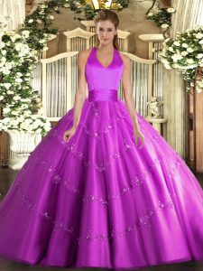 Halter Top Sleeveless Tulle Quinceanera Dresses Appliques Lace Up