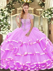 Fancy Lilac Ball Gowns Appliques and Ruffled Layers Quinceanera Gowns Lace Up Organza Sleeveless Floor Length