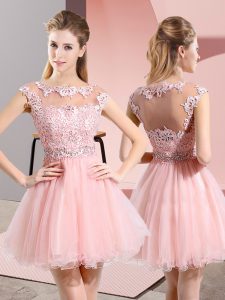 Suitable Baby Pink Side Zipper Scoop Beading and Appliques Prom Evening Gown Tulle Sleeveless