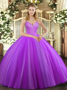 Fashion V-neck Sleeveless Lace Up Quince Ball Gowns Eggplant Purple Tulle