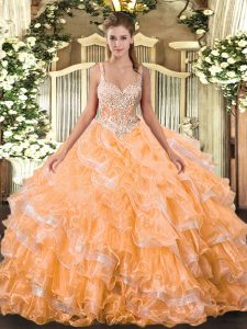 Floor Length Orange Quince Ball Gowns Organza Sleeveless Beading and Ruffled Layers