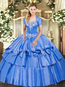 Spectacular Floor Length Baby Blue Ball Gown Prom Dress Organza and Taffeta Sleeveless Beading and Ruffled Layers