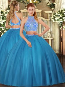 Teal Sleeveless Tulle Criss Cross Sweet 16 Quinceanera Dress for Military Ball and Sweet 16 and Quinceanera