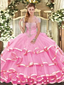 Gorgeous Rose Pink Strapless Neckline Appliques and Ruffled Layers Quinceanera Gowns Sleeveless Lace Up