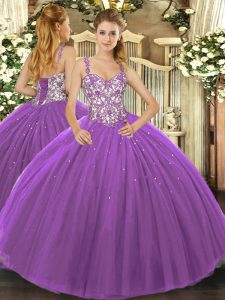 Straps Sleeveless 15th Birthday Dress Floor Length Beading and Appliques Purple Tulle