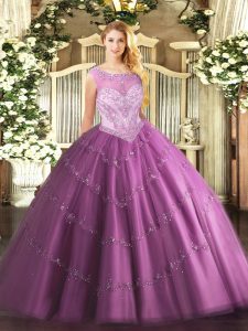 Customized Lilac Sleeveless Tulle Zipper Ball Gown Prom Dress for Sweet 16 and Quinceanera