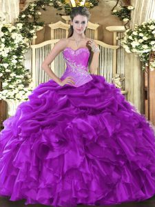 Eggplant Purple Sleeveless Organza Lace Up Sweet 16 Quinceanera Dress for Military Ball and Sweet 16 and Quinceanera