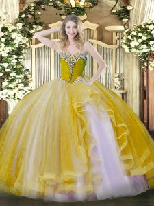 Clearance Gold Tulle Lace Up Sweetheart Sleeveless Floor Length Quinceanera Dress Beading and Ruffles