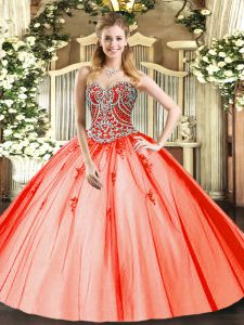 Orange Red Tulle Lace Up Sweet 16 Quinceanera Dress Sleeveless Floor Length Beading and Appliques